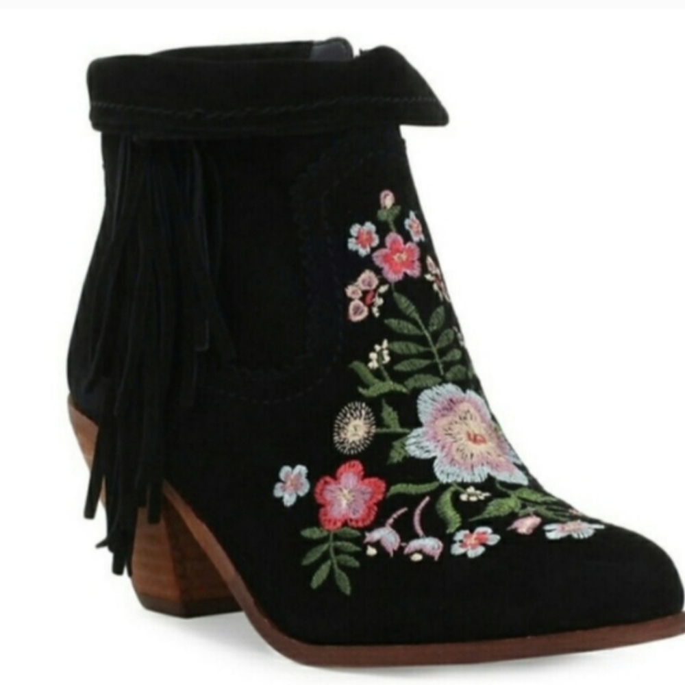 Sam Edelman Letti Frindge Floral Embroidered Suede Booties 6.5